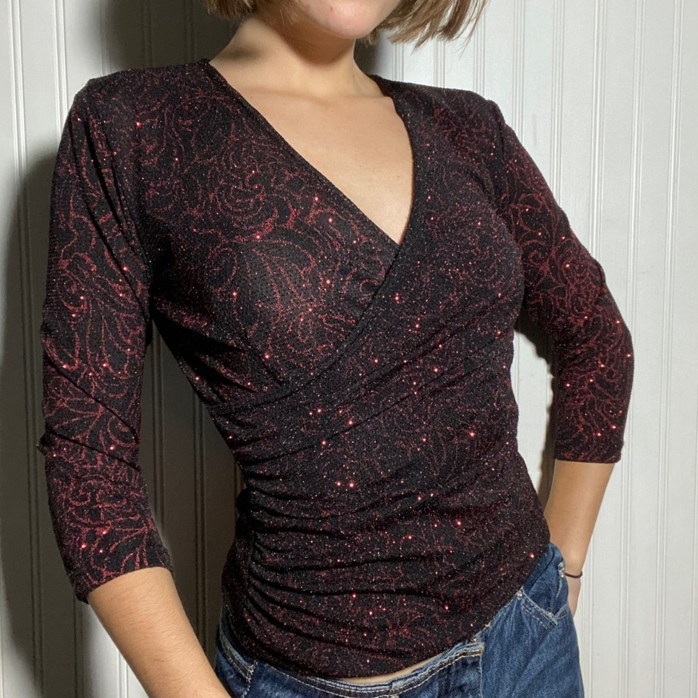VTG 90s Dressbarn Holiday Red Black Glitter Wrap Top Chic Maximalist Sexy - S